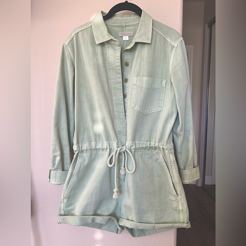 Mint Green Outerknown Long Sleeve Denim Romper / Shortall